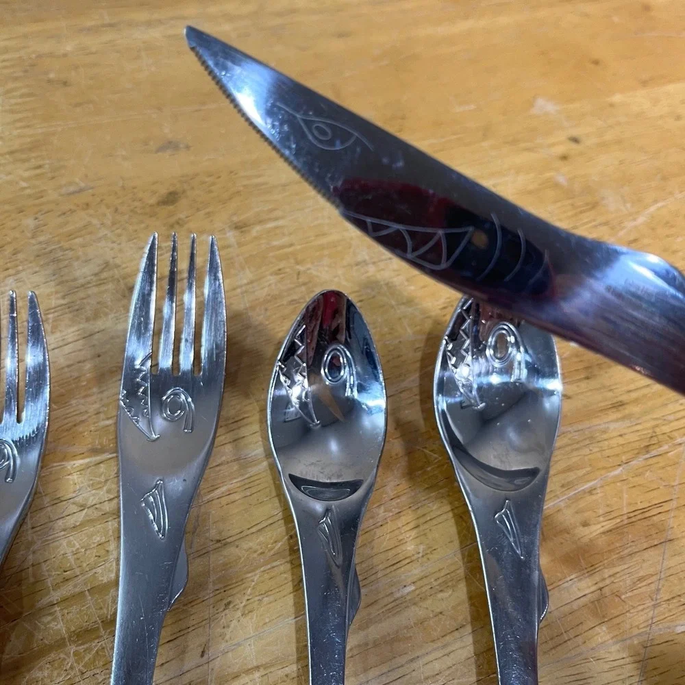 Galleyware Fish Stix Flatware Set 5pc Silver Vtg Coastal Nautical Stainless